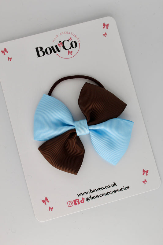 3 Inch Twist Bow - Elastic Band - Blue Topaz and Brown