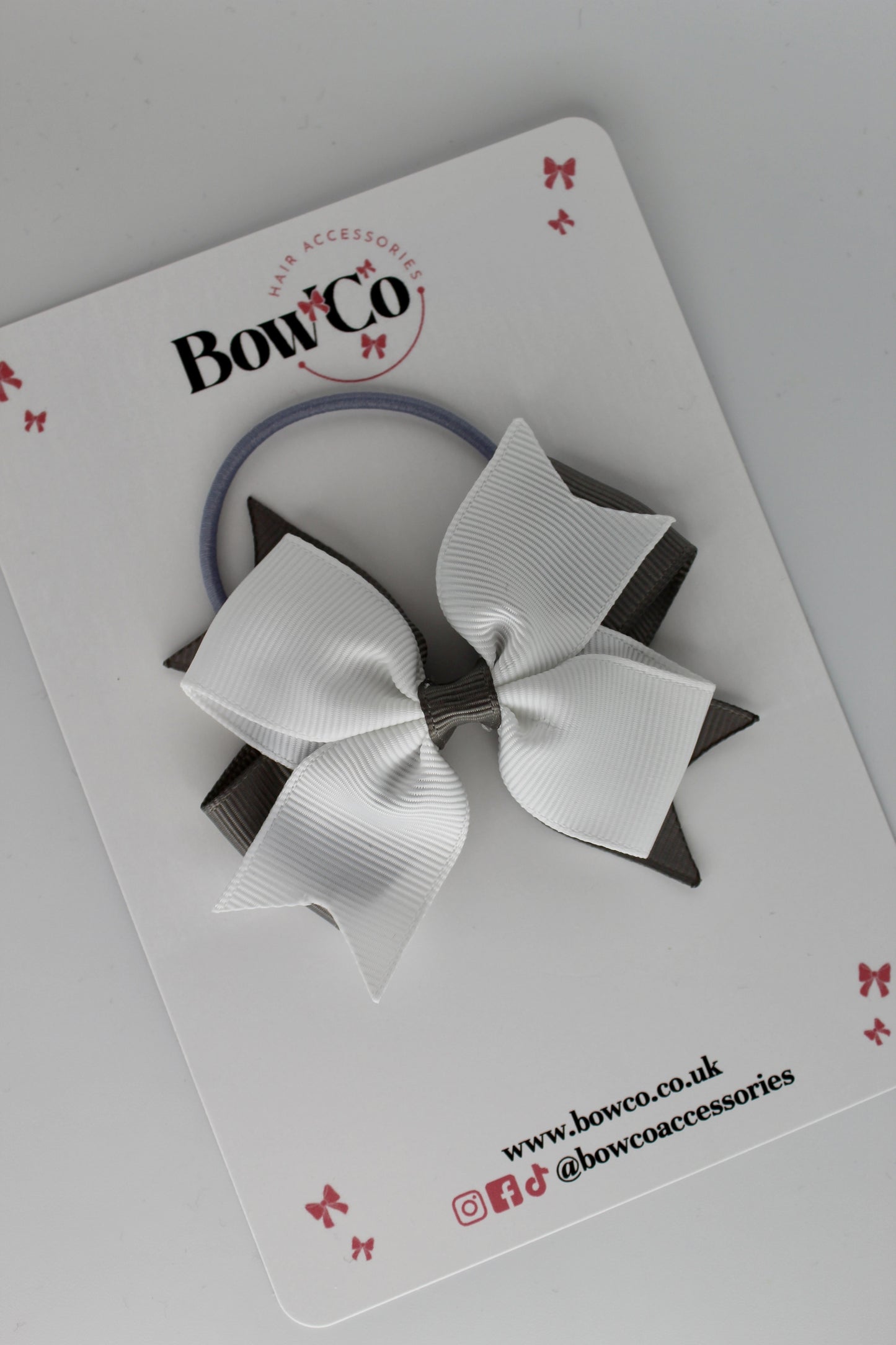 Metal Grey and White - Layer Tail Bow Set - Elastic