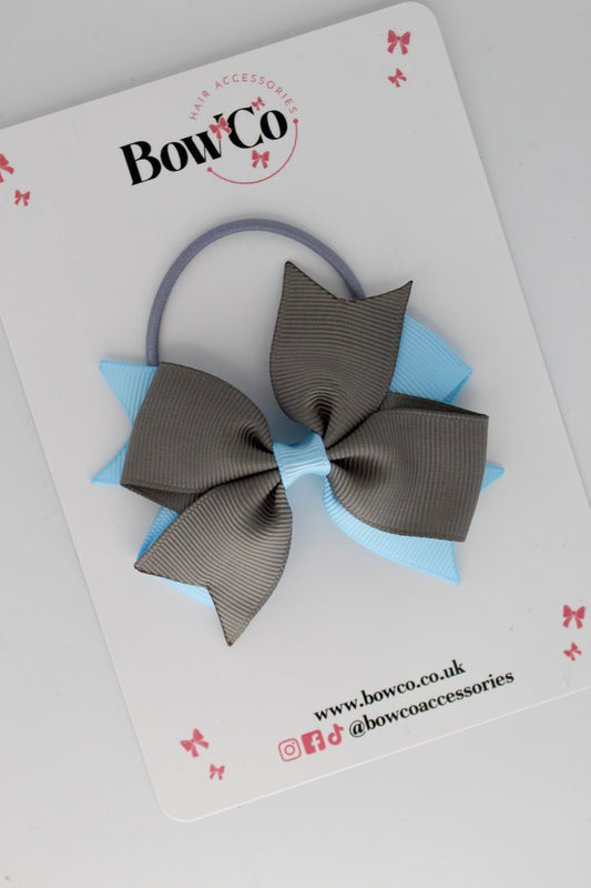 3 Inch Layer Tail Bow - Elastic - Blue Topaz and Metal Grey