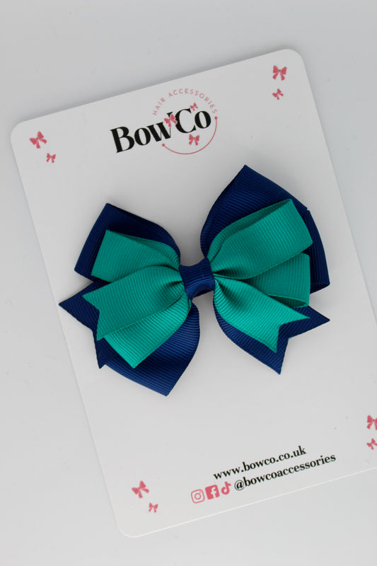 Jade Green and Navy - Double Tail Bow - Clip