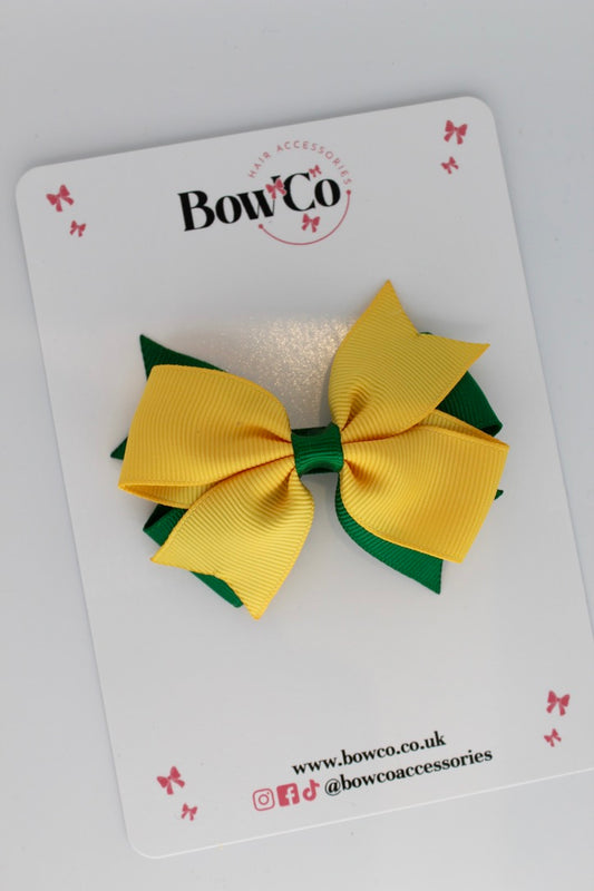 3 Inch Layer Tail Bow - Clip - Forest Green and Yellow Gold