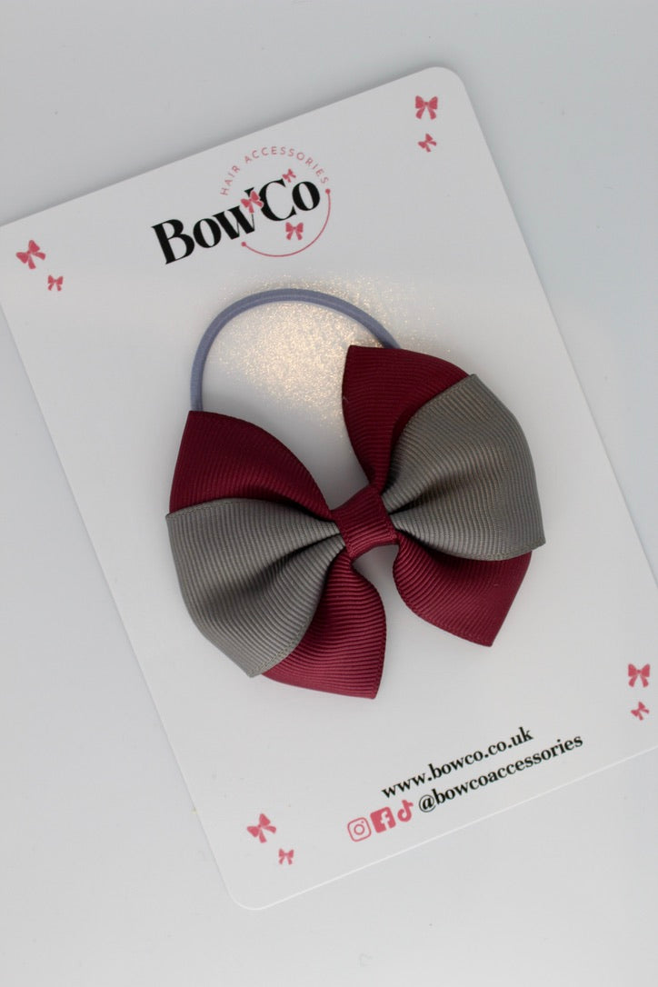 Burgundy and Metal Grey - Round Tuxedo Bow - Elastic