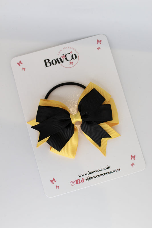 3 Inch Double Tail Bow - Elastic - Black and Yellow Gold