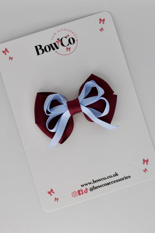 Burgundy and Bluebell - Double Bow - Clip