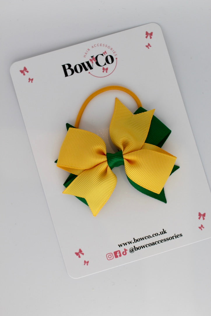 3 Inch Layer Tail Bow - Elastic Bobble - Forest Green and Yellow Gold