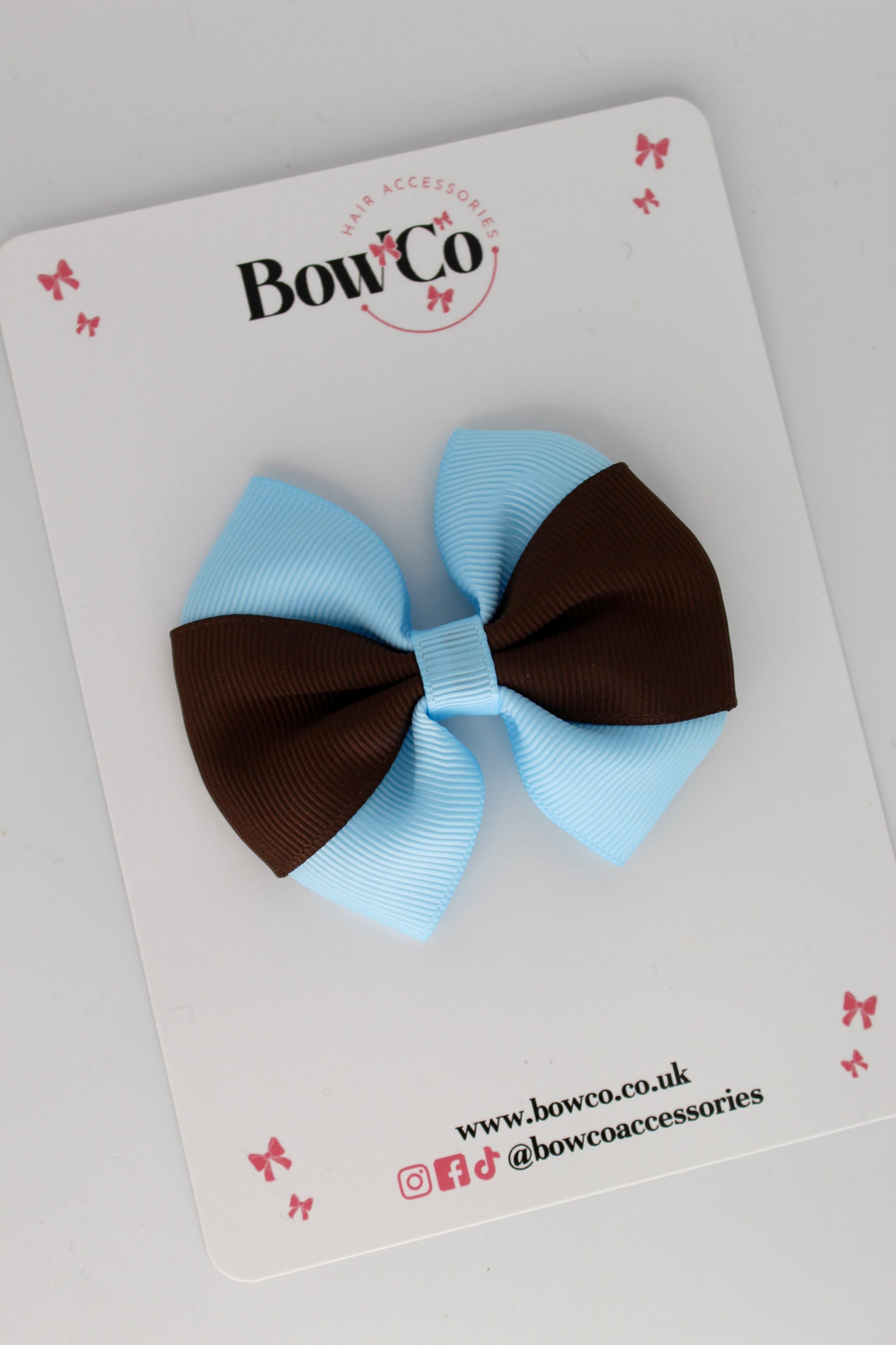 Blue Topaz and Brown - Round Tuxedo Bow - Clip