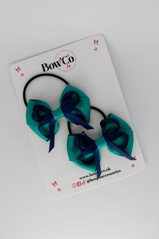 2.5 Inch Double Bow Bobble - 2 Pack - Jade Green and Navy Blue