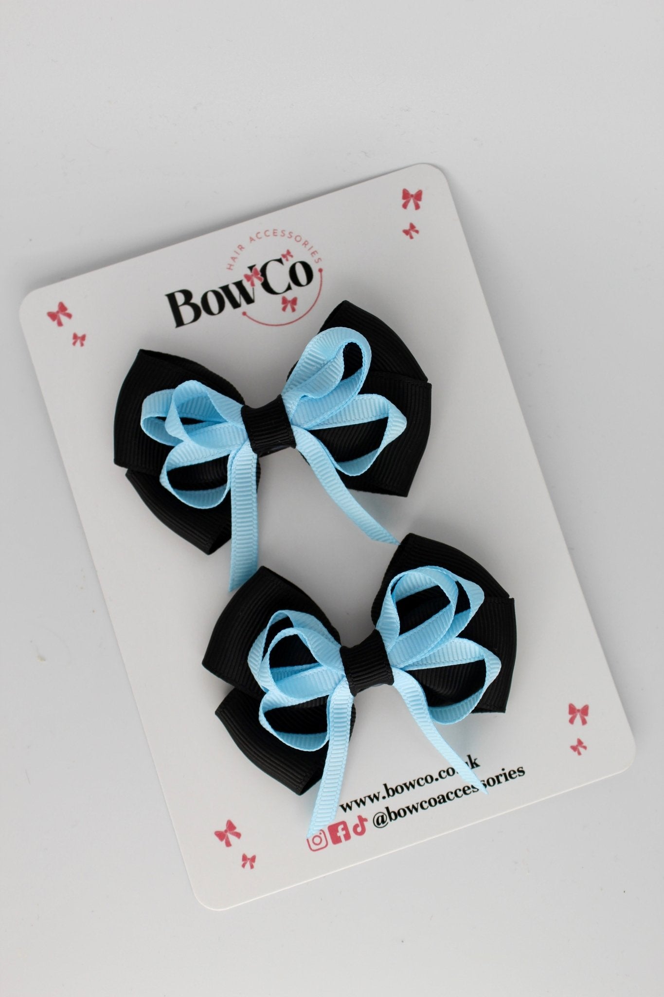 2.5 Inch Double Bow Clip - 2 Pack - Black and Blue Topaz