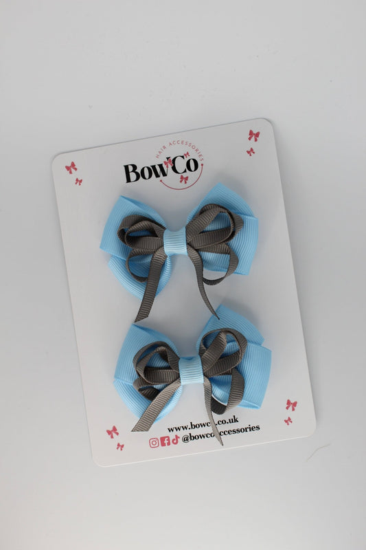 2.5 Inch Double Bow Clip - 2 Pack - Blue Topaz and Metal Grey