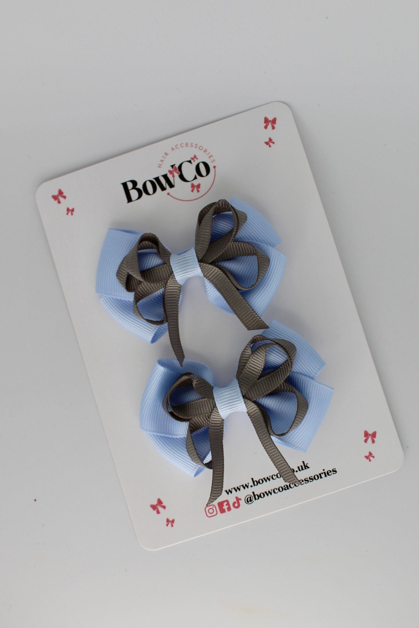 2.5 Inch Double Bow Clip - 2 Pack - Bluebell and Metal Grey