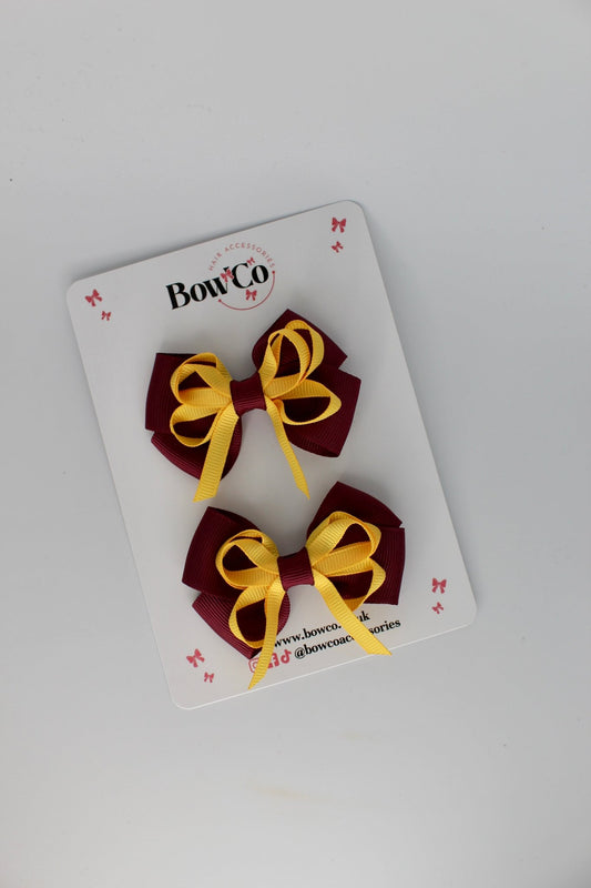 2.5 Inch Double Bow Clip - 2 Pack - Burgundy and Yellow Gold