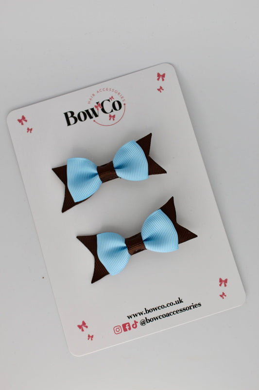 2.5 Inch Layer Tail Bow - Clip - 2 Pack - Blue Topaz and Brown