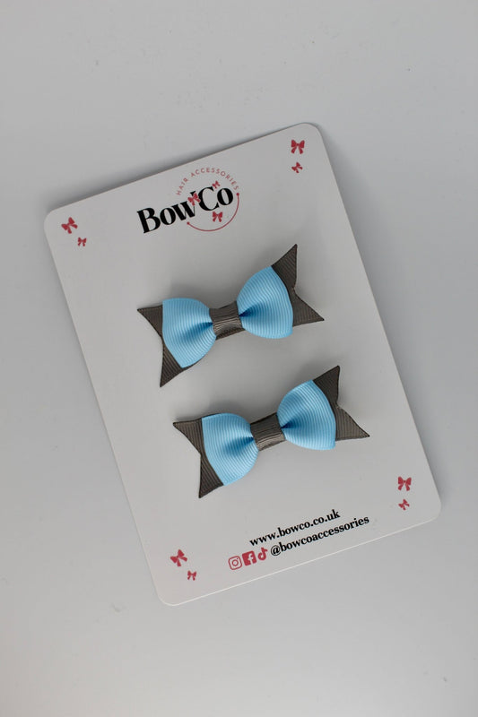 2.5 Inch Layer Tail Bow - Clip - 2 Pack - Blue Topaz and Metal Grey