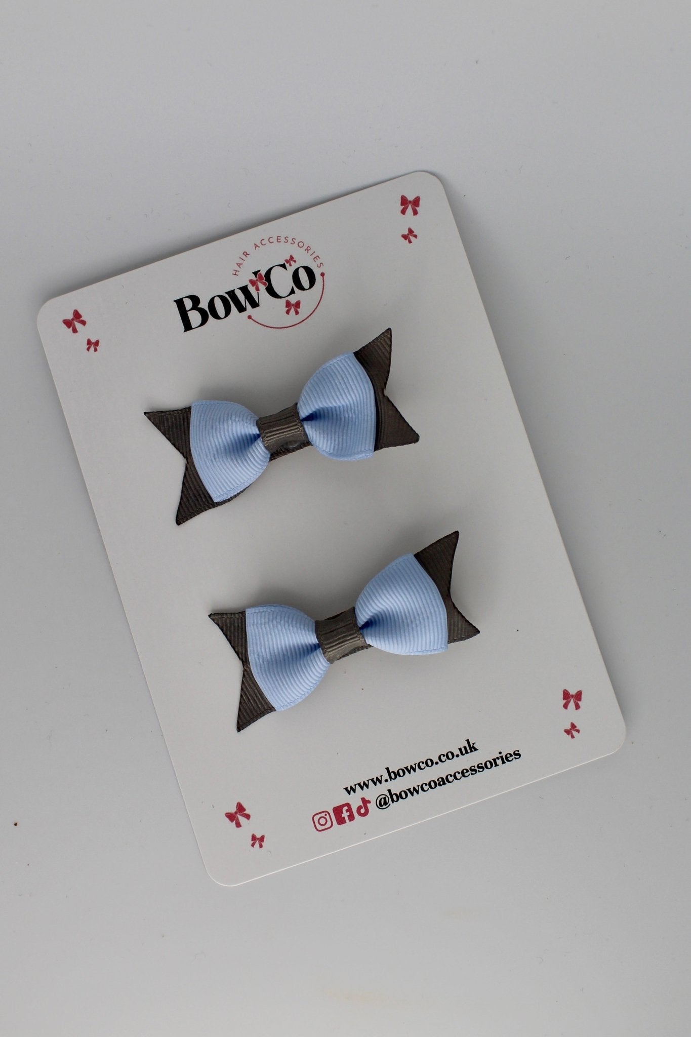 2.5 Inch Layer Tail Bow - Clip - 2 Pack - Bluebell and Metal Grey