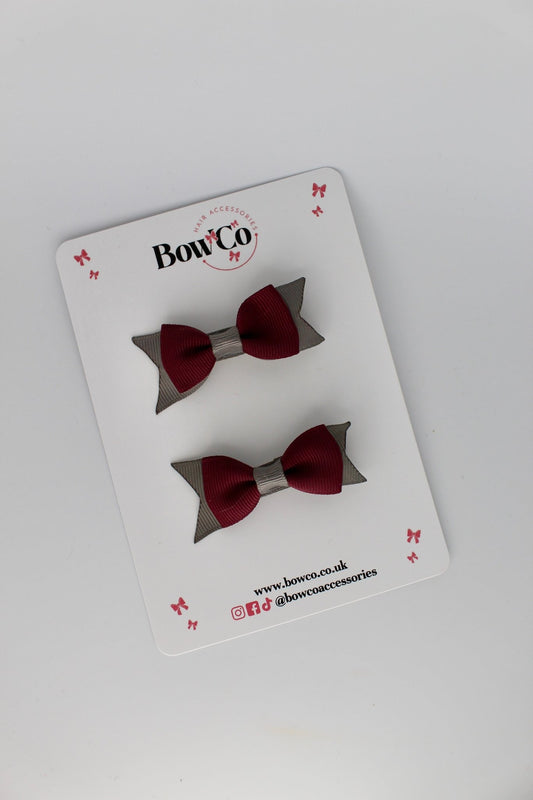 2.5 Inch Layer Tail Bow - Clip - 2 Pack - Burgundy and Metal Grey