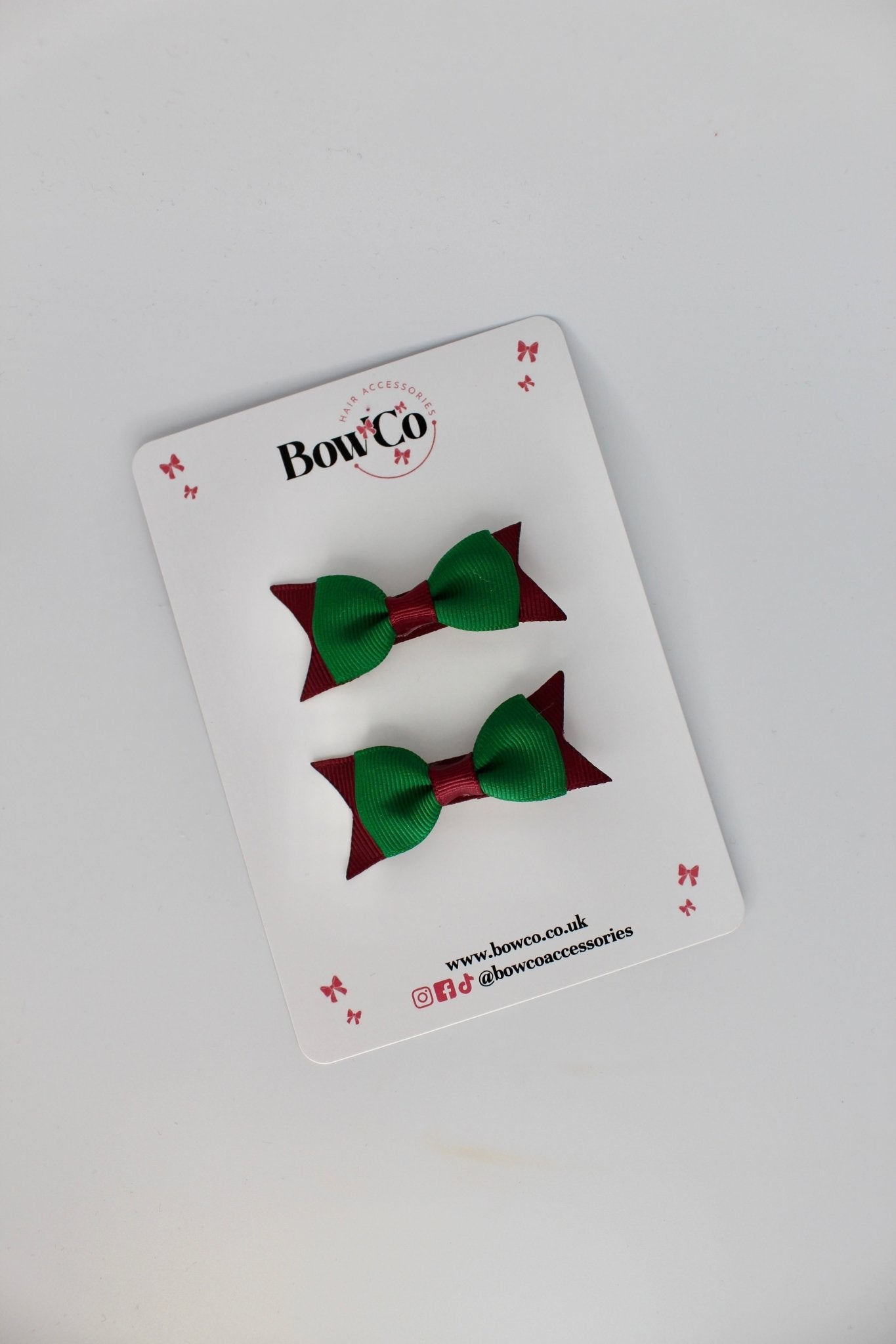 2.5 Inch Layer Tail Bow - Clip - 2 Pack - Forest Green and Burgundy
