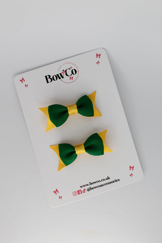 2.5 Inch Layer Tail Bow - Clip - 2 Pack - Forest Green and Yellow Gold