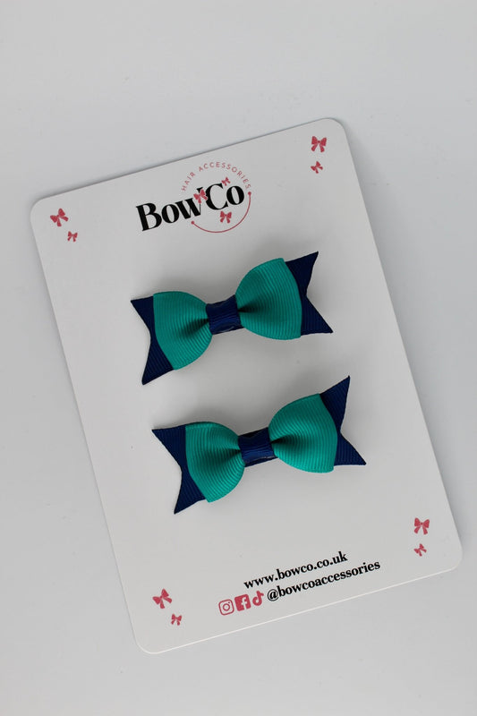 2.5 Inch Layer Tail Bow - Clip - 2 Pack - Jade Green and Navy