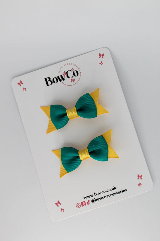 2.5 Inch Layer Tail Bow - Clip - 2 Pack - Jade Green and Yellow Gold