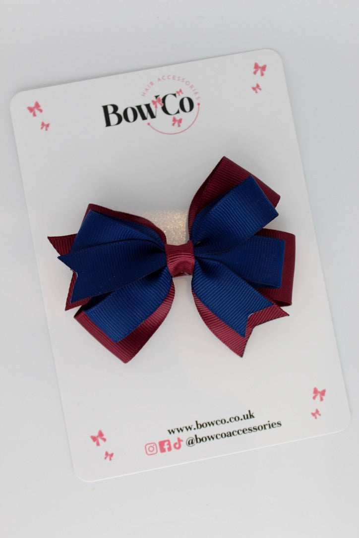 Navy Blue & Burgundy - Double Tail Bow - Clip