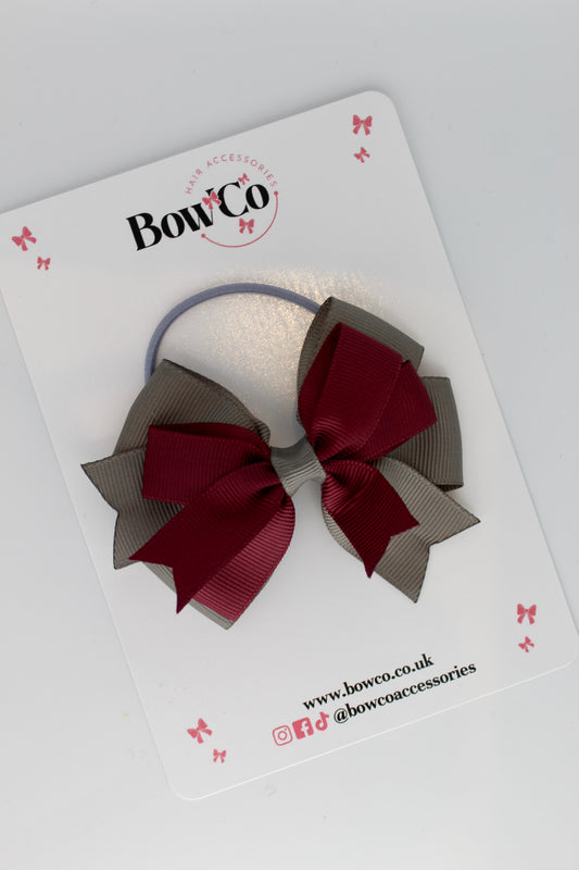 Burgundy and Metal Grey - Double Tail Bow - Elastic