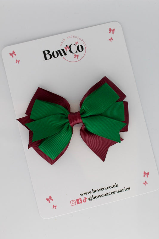 Forest Green and Burgundy - Double Tail Bow - Clip