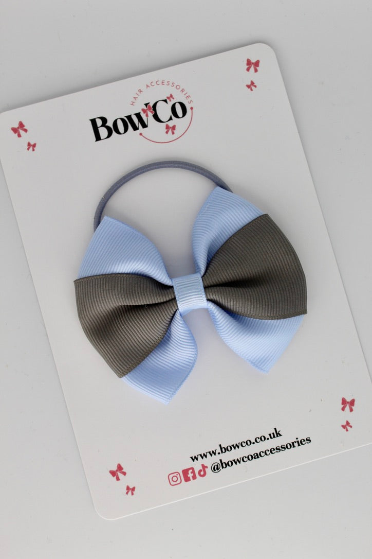 Round Tuxedo Bow - Bluebell and Metal Grey - Elastic