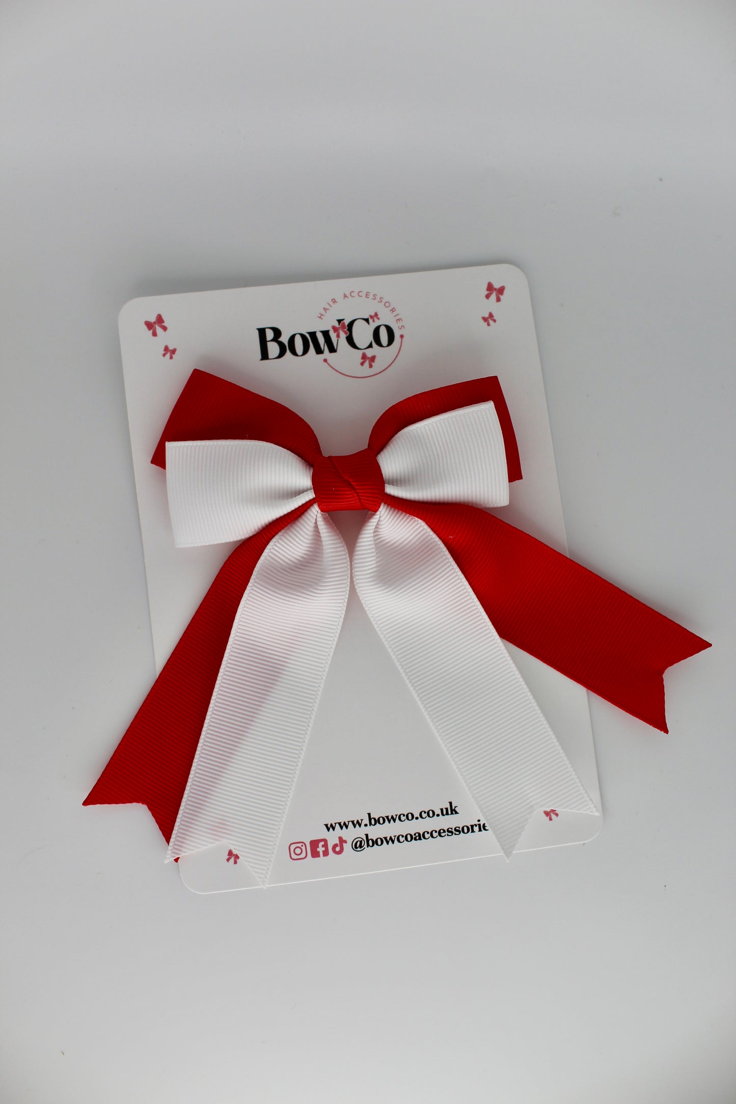 Double Ribbon Tail Bow - Clip - Red and White