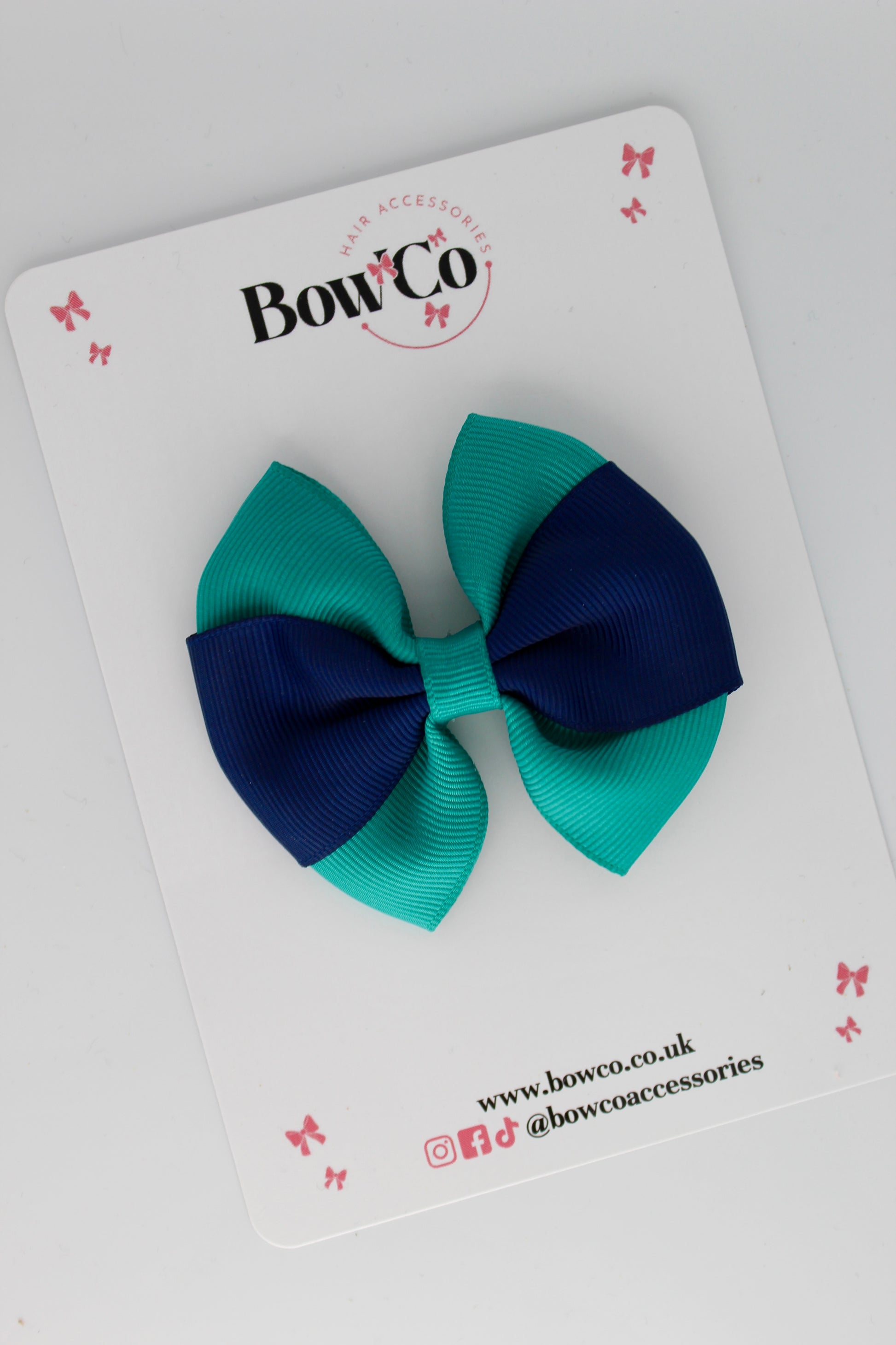 Jade Green and Navy Blue - Round Tuxedo Bow - Clip