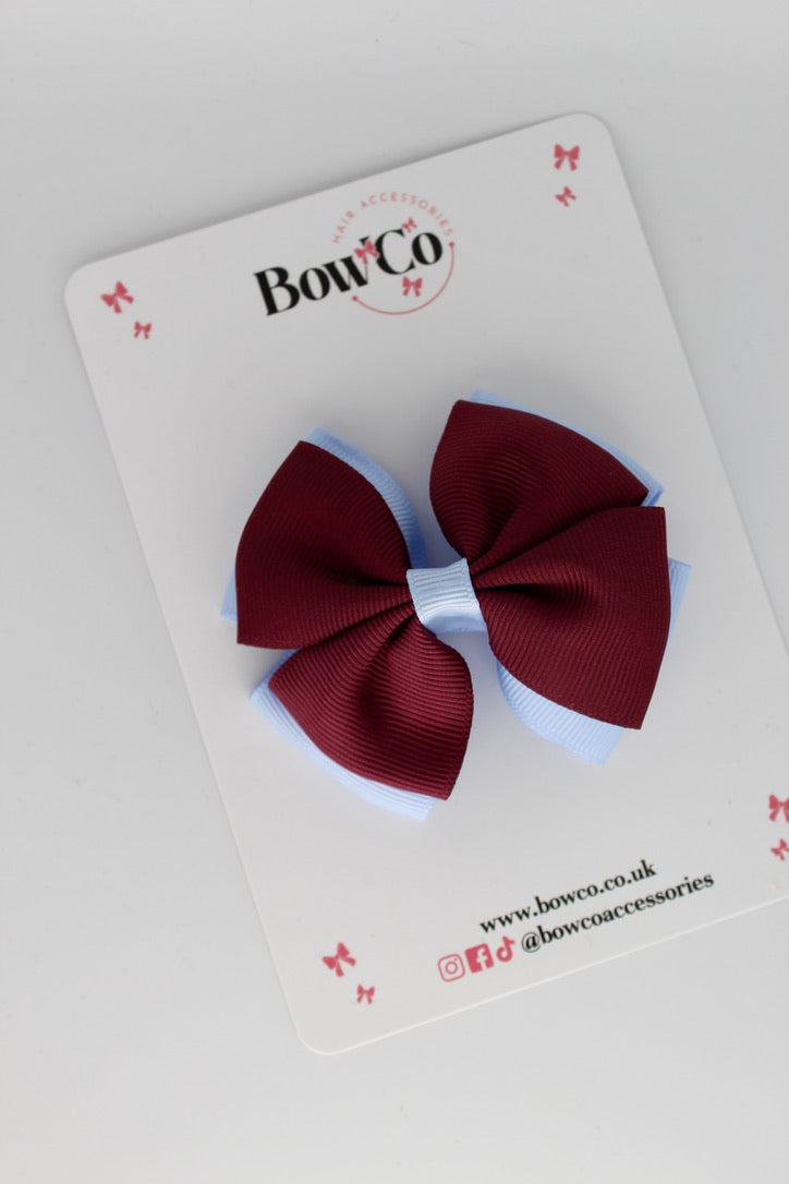 3 Inch Double Layer Bow - Clips - Burgundy and Bluebell