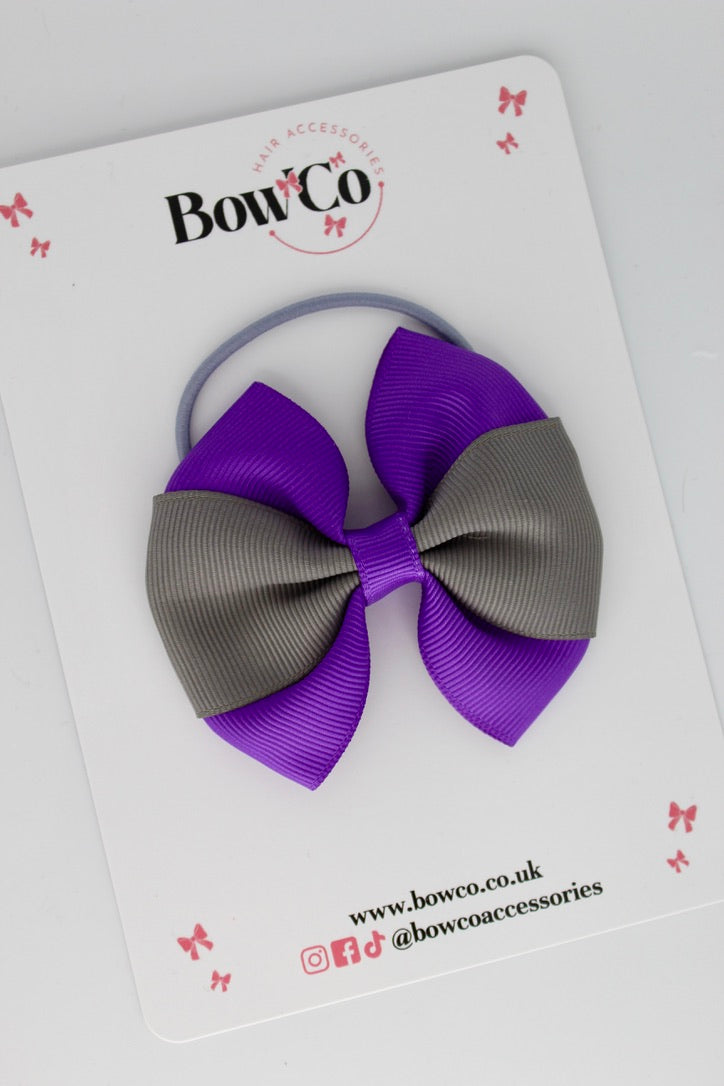 Purple and Metal Grey - Round Tuxedo Bow - Elastic