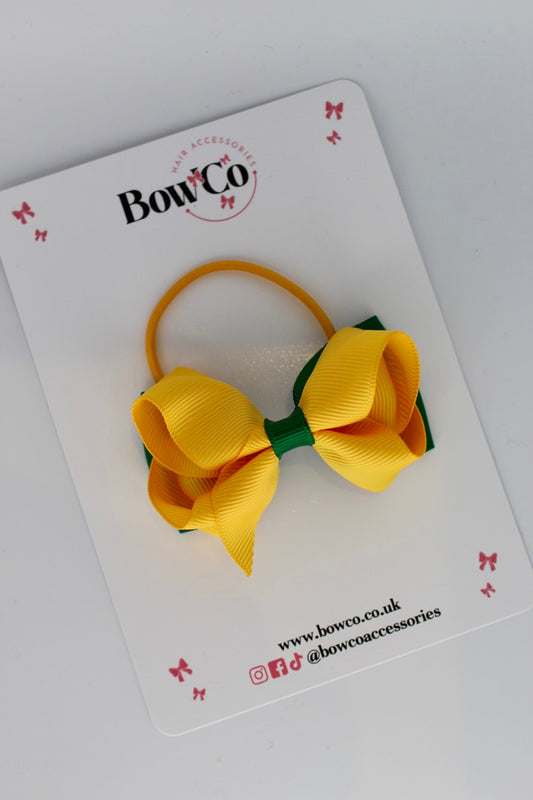 3 Inch Ruffle Bow - Elastic - Forest Green and Yellow Gold