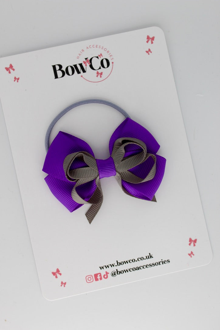 3 Inch Twist Bow - Elastic - Purple and Metal Grey