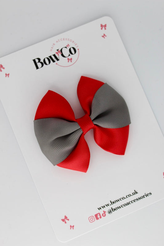 Red and Metal Grey - Round Tuxedo Bow - Clip