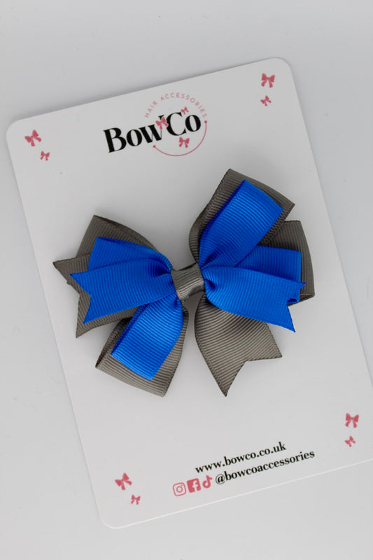 Royal Blue and Metal Grey - Double Tail Bow - Clip