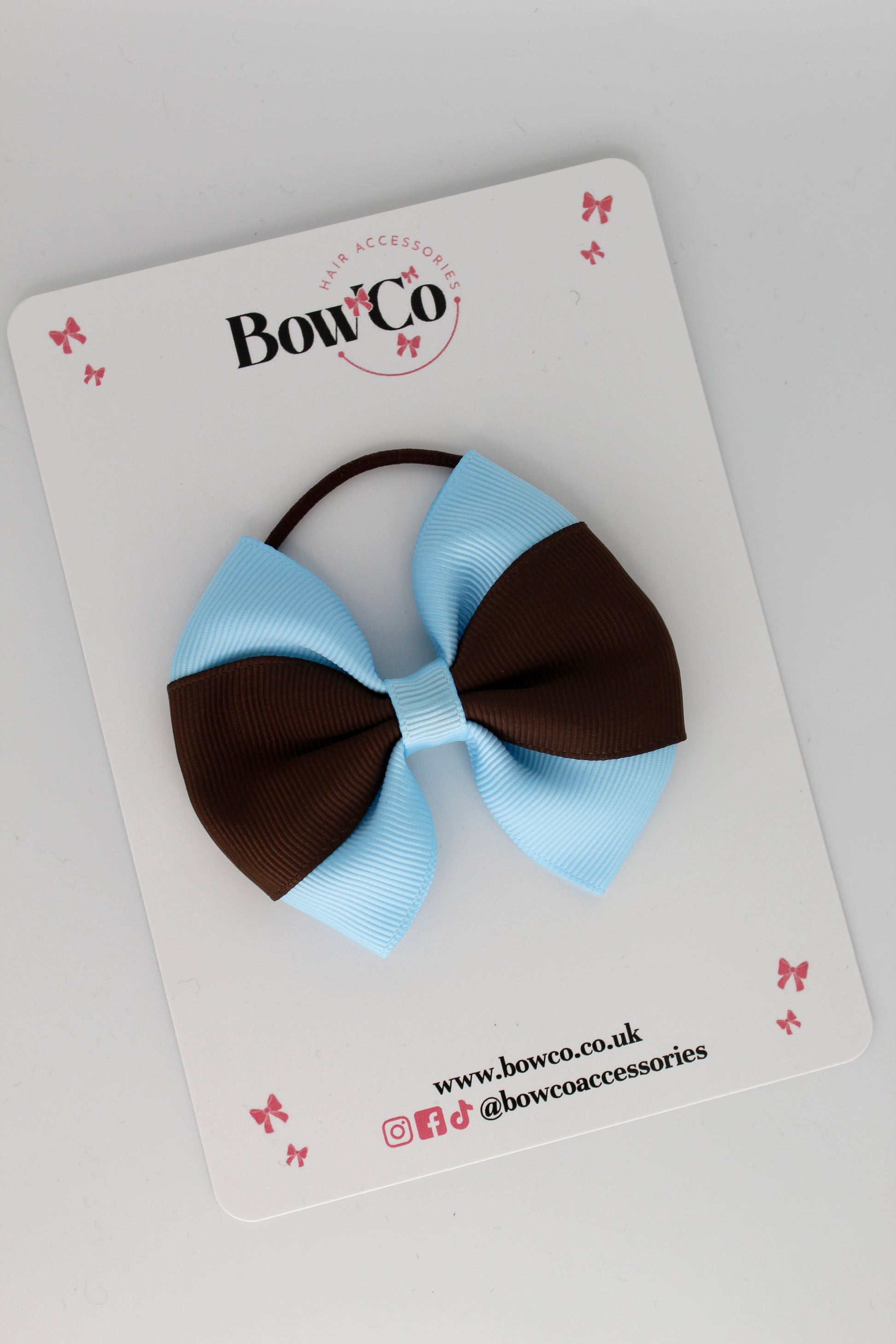 Blue Topaz and Brown - Round Tuxedo Bow - Elastic