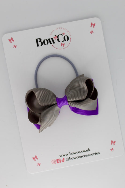 3 Inch Ruffle Bow - Elastic - Purple and Metal Grey