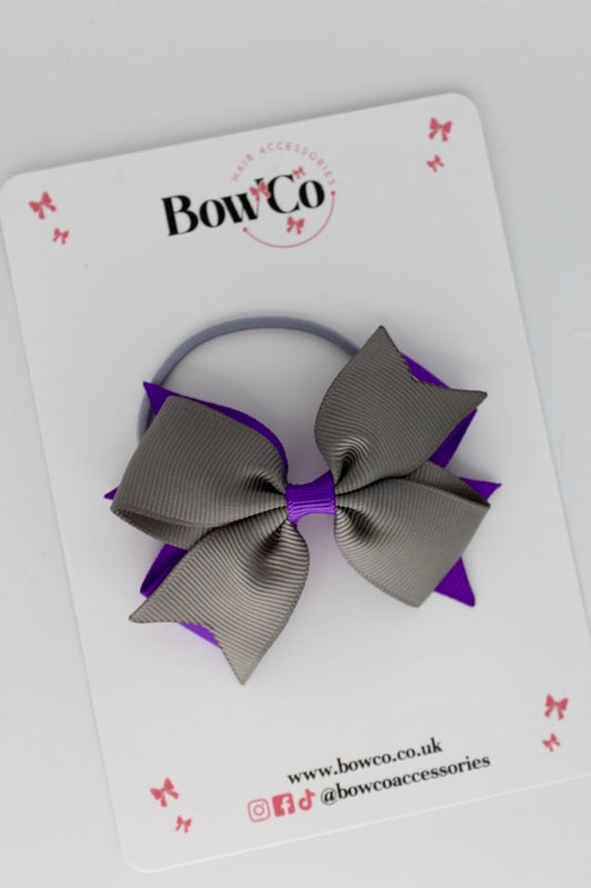 3 Inch Layer Tail Bow - Elastic - Purple and Metal Grey