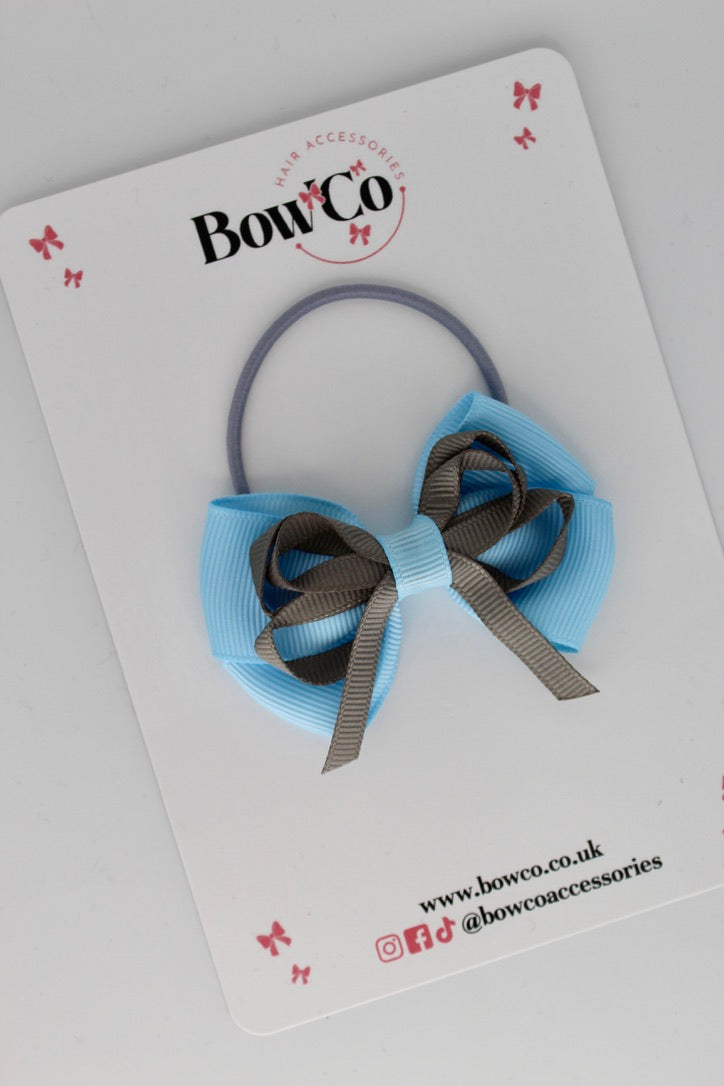 2.5 Inch Double Bow - Elastic - Blue Topaz and Metal Grey