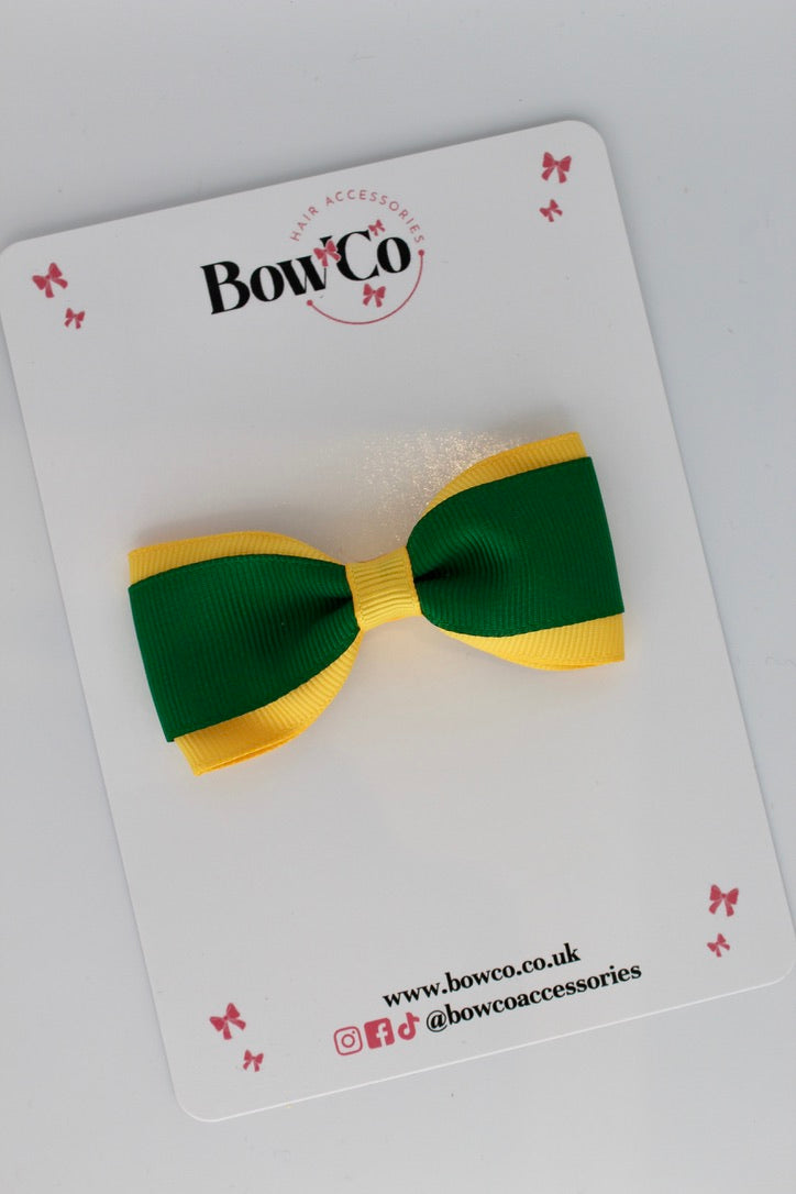 3 Inch Tuxedo Bow - Clip - Forest Green and Yellow Gold