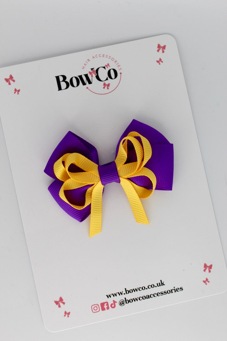 3 Inch Twist Bow - Elastic - Purple and Yellow Gold