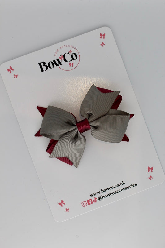 Burgundy and Metal Grey - Layer Tail Bow - Clip