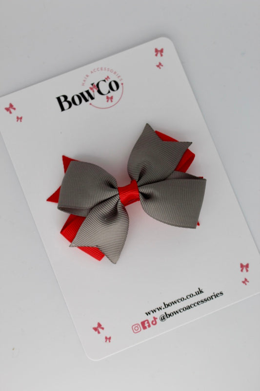 Red and Metal Grey - Layer Tail Bow - Clip