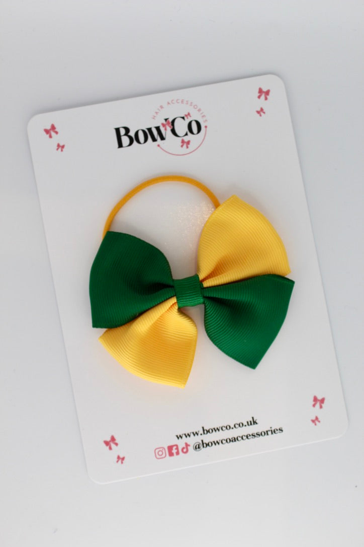 3 Inch Twist Bow - Elastic Band - Forest Green and Yellow Gold