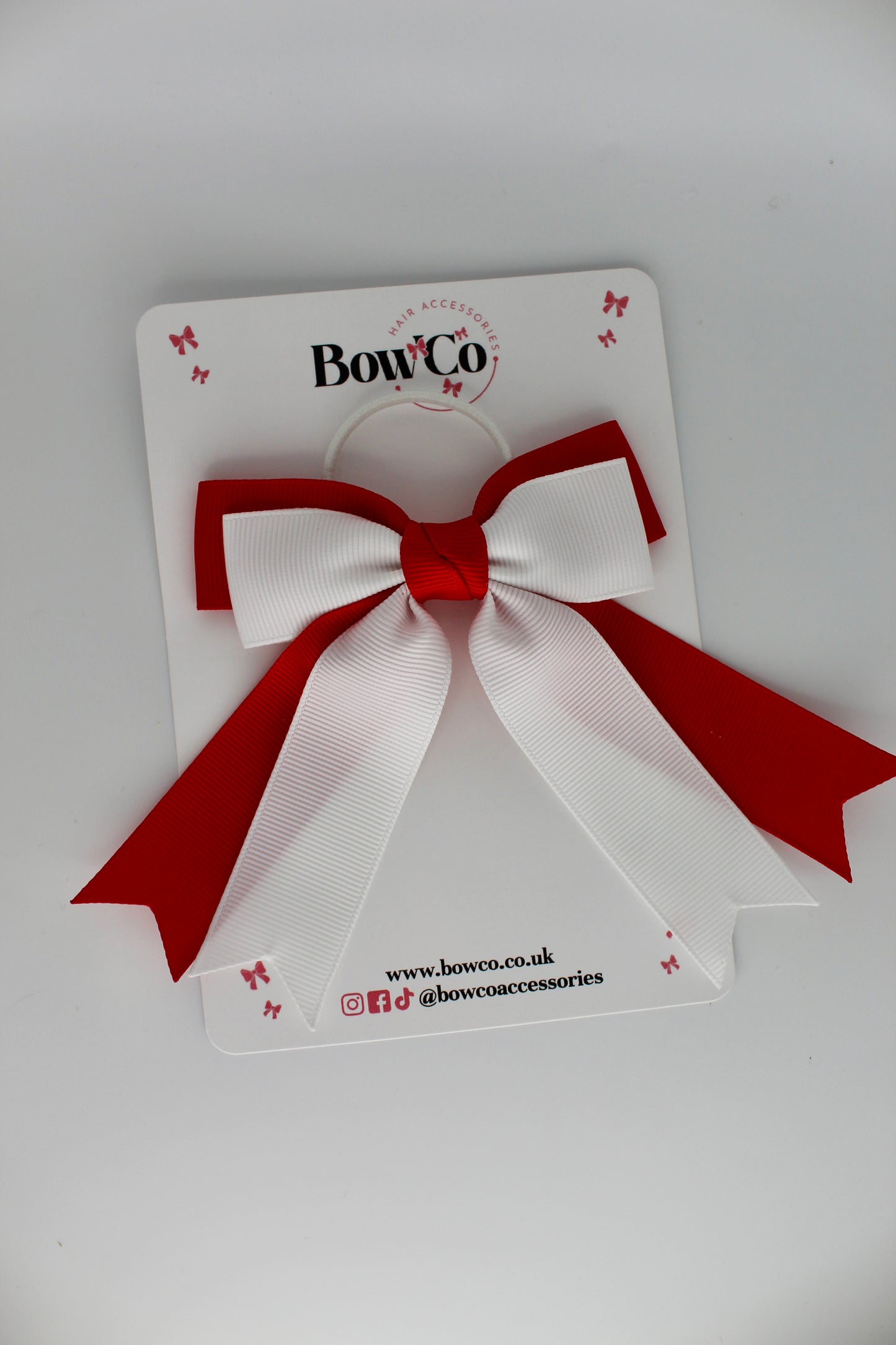 Double Ribbon Tail Bow - Elastic - Red and White