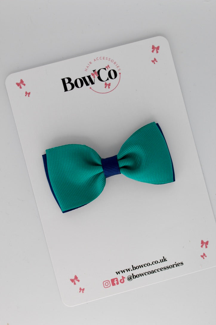 Jade Green and Navy Blue - Double Lapel Bow - Clip