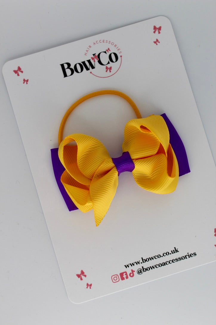 3 Inch Ruffle Bow - Elastic - Purple and Yellow Gold