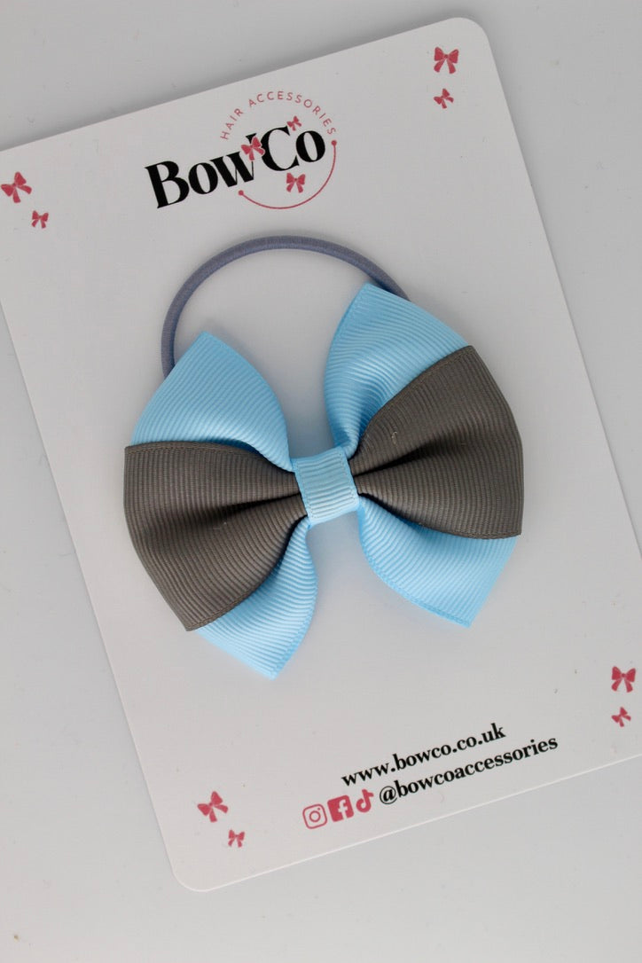 Blue Topaz and Metal Grey - Round Tuxedo Bow - Elastic