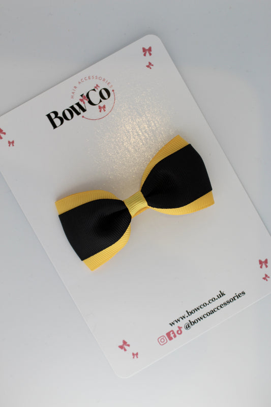 3 Inch Tuxedo Bow - Clip - Black and Yellow Gold