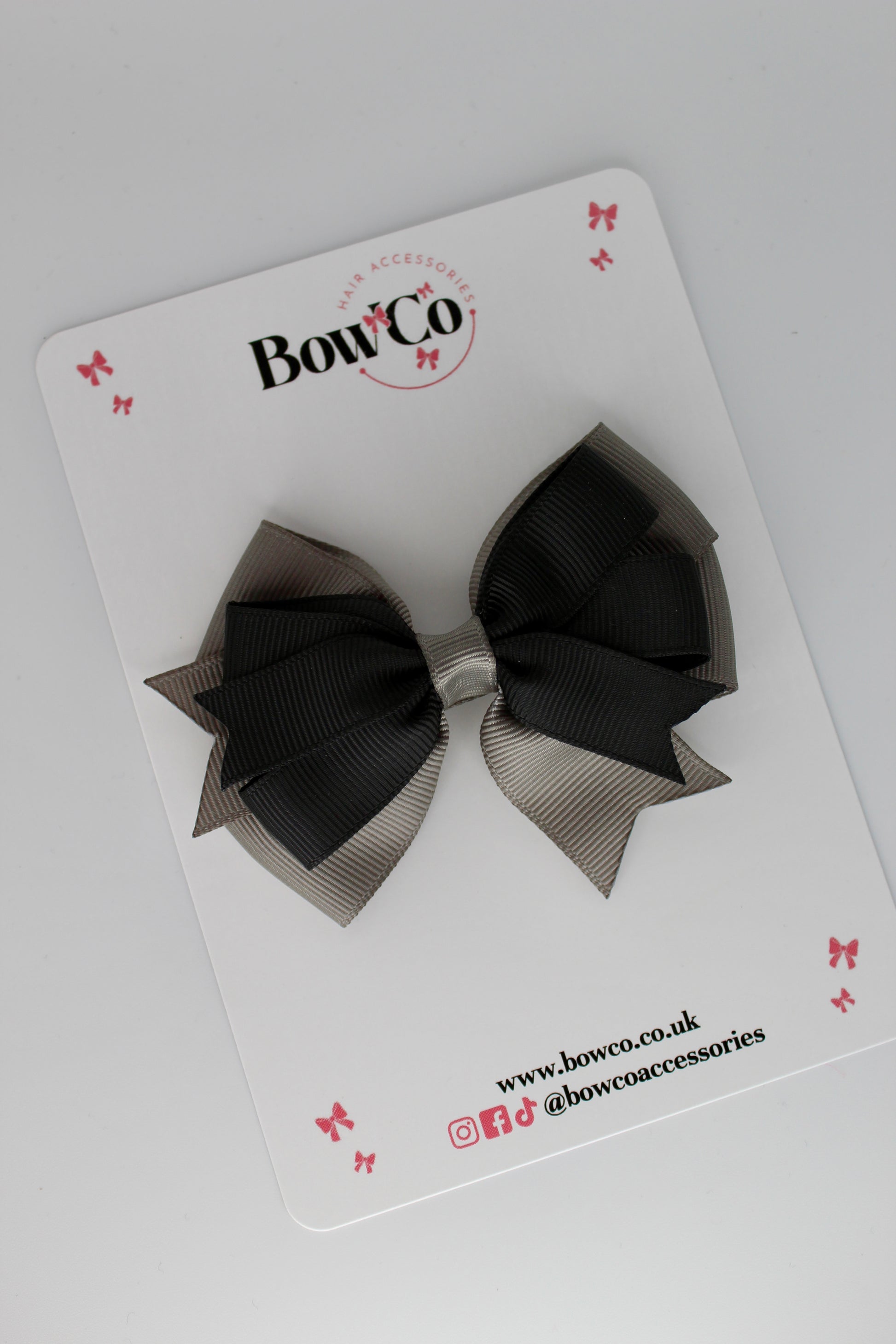 3 Inch Double Tail Bow - Clip - Black and Metal Grey